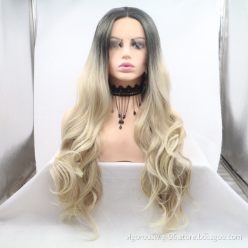 Vigorous ombre long premium high quality straight wholesale black women synthetic hair wigs with lace front